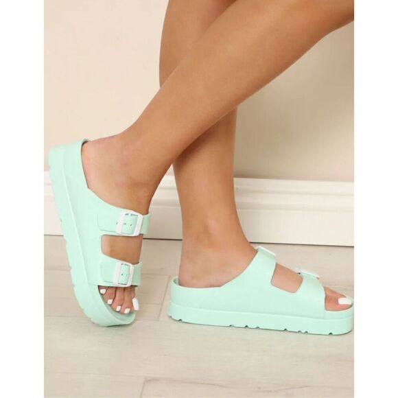 Women's Comfort Slides Double Buckle Adjustable EVA Flat Sandals Mint Size 10 - Picture 3 of 5